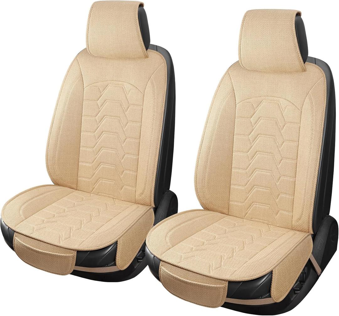 Linen Car Seat Covers Breathable Cloth Fabric Front Seat Protectors Automotive seat Covers Universal Fit for Most Cars Vans SUVs and TrucksBeige2PCS