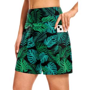 Blouty Women's 7" Long Swim Board Shorts with Pockets Liner High Waisted Quick Dry Beach Swimming Shorts for Women (Large, Palm Leaf)