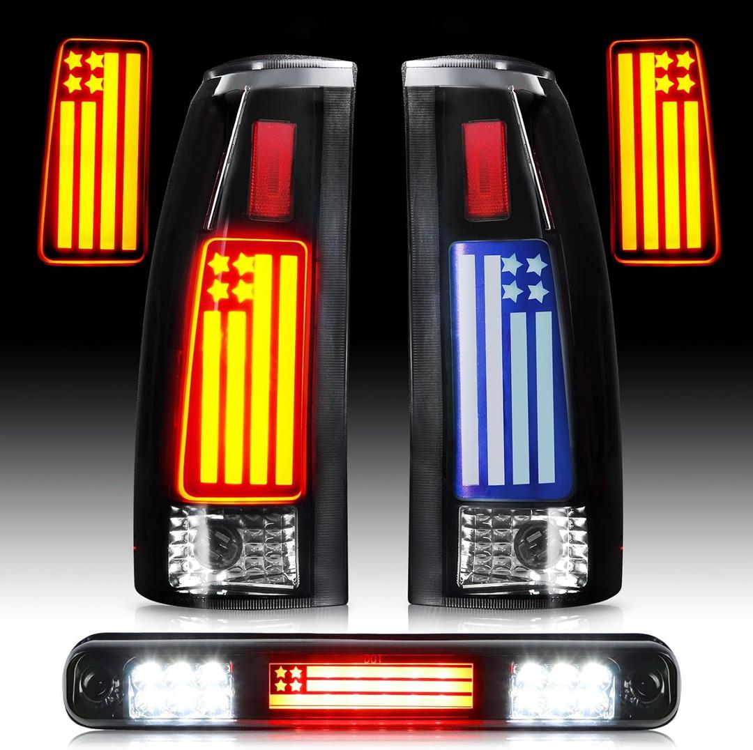 LED Tail Lights Assembly + 3rd Third Brake Cargo Lamp Fit for Chevy & GMC C/K 1500 88-99, C/K 2500 3500 88-00, for Chevy Silverado 94-98, Blazer 92-94, Smoked Lens Rear Taillight