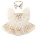 ODASDO Dresses for Baby Girls 1st First Birthday Party Dress Newborn Fairy Tulle Tutu Bubble Romper Toddler Kids Floral Embroidery Bodysuit One Year Old Cake Smash Outfit Photo Shooting Apricot 6-12M