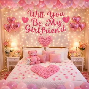 Valentines Day Proposals Decorations Set Include Will You Be My Girlfriend Banner 6 Pcs Heart Foil Balloons and 1000 Pcs Artificial Rose Petals 20 Love Balloon For Engagements(Pink)