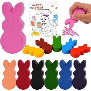 Easter Basket Stuffers for Toddler12 Colors Non-Toxic Washable Bunny Rabbit-Shaped Crayons for Kids with Easter Coloring Book Easter Egg Fillers Hunt, Classroom Games Supplies for Boys Teens