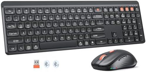 Bluetooth Keyboard and Mouse, 2.4G + Dual Bluetooth Multi Device, Full Size Silent Ergonomic Keyboard with 4 Level DPI Adjustable Wireless Mouse for Windows, Mac OS Desktop/Laptop/PC