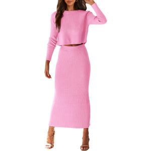 PRETTYGARDEN Women's Spring Fall 2 Piece Sweater Set Rib Knit Long Sleeve Crop Top Maxi Bodycon Skirt Casual Winter Outfits (Pink, M)