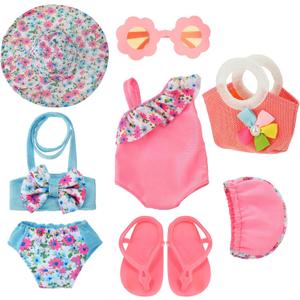 Kajaia 8 Pcs 18 Inch Doll Clothes and Accessories Summer Dolls Swimsuits Beach Playsets Include Doll Swimsuit Bikini Dress Flip Flops Hat Sunglasses Handbag Swim Accessories for 18 Inch Girl Dolls (Pink)