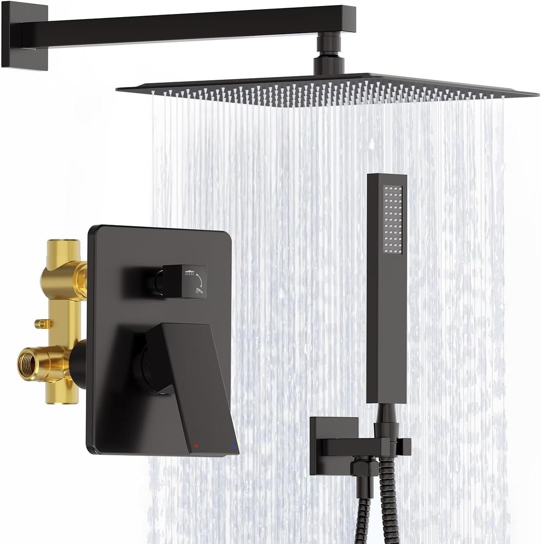 Shower System, Matte Black Shower Faucet Set, 12 Inch Rain Shower Head with Handheld Spray, High Pressure Shower Head System with Shower Valve and Trim Kit, Wall Mounted Shower Head Set