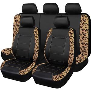 Flying Banner car seat Covers Protects Leopard Printing Velvet Faux Leather Carbon Fiber Front and Rear Bench (Leopard Brown Black, Full Set - 8PCS)