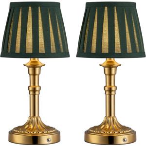 KDG Cordless Portables Table Lamp Set of 2, LED Fabric Shade Small Desk Lamps, 5000mAh Battery Powered Lighting, 2700K Stepless Dimmable Light for Living Room, Dining Room, Bedroom (Gold+Green)
