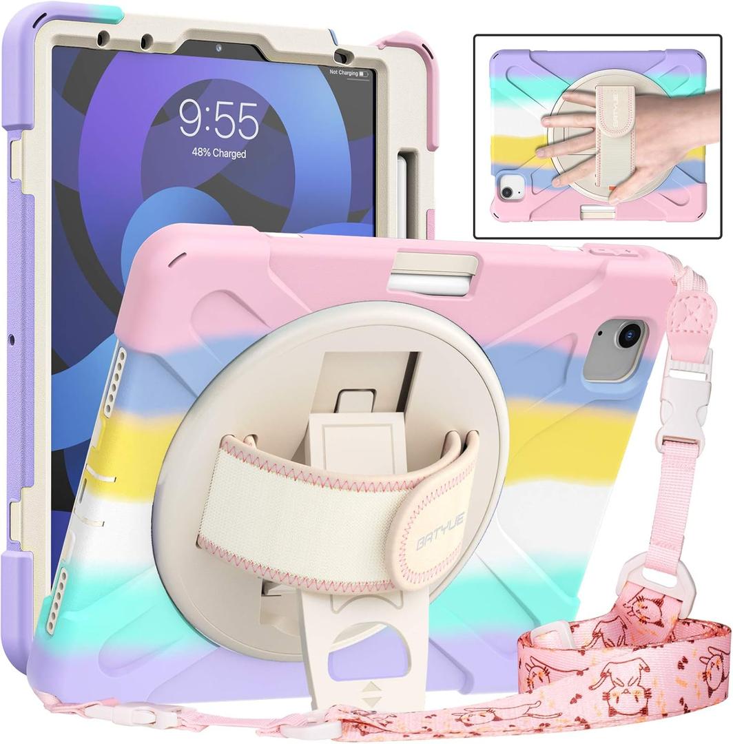 BATYUE Case for iPad Air 11-inch M3 (2025) / M2 (2024), iPad Air 5th/4th 10.9 inch(2022/2020), iPad Pro 11" 4th/3rd/2nd/1st Gen Case (2022/2021/2020/2018), with Pencil Holder+Shoulder Strap (C1-No screen protector(Colorful Pink))