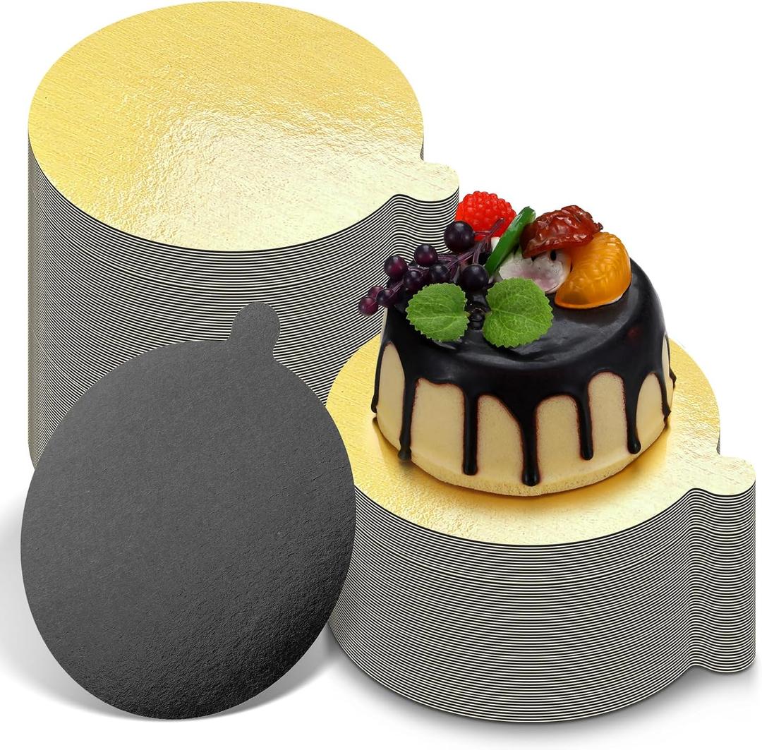 100 Pcs 5 Inch Round Cake Board with Tab Mini Pastry Gold and Black Reversible Waxed Cake Board Mini Cake Bases for Dessert Display Trays Pastry Plates