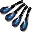 Geiserailie 4 Pieces Asian Ceramic Soup Spoons Set Long Handle Chinese Spoons Retro Blue Japanese Ramen Bowl Soup Spoon Suitable for Gravy, Cake, Oatmeal, Dumplings
