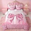 Feelyou Kids Pink Bowknot 7 Pieces Bedding Set King Size, Dreamy Princess Comforter Set with Sheets Boys Girls Glitter Bed in A Bag Watercolor Bow Teens Bed Set Bedroom Decor 7Pcs