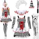 Newcotte 7 Pcs Women Halloween Scary Costume Set Clown Costume Clown Dress Wig Stockings Plastic Sword Hat, Extra Large 