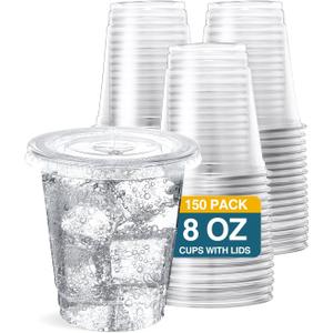 SHOPDAY 8 oz-Plastic-Cups-with-Lids - 150 Pack Disposable Clear Cup with Lids, Small Cup for Cold Drinks Smoothie Food, Coffee Cups with Lids