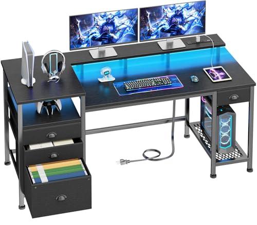 Furologee 60" Black Computer Desk with 4 Drawers and Printer Space, Gaming Desk with LED Lights and USB Power Outlets, Home Office Desk with Fabric File Cabinet,Study Work Table with Shelf for Bedroom