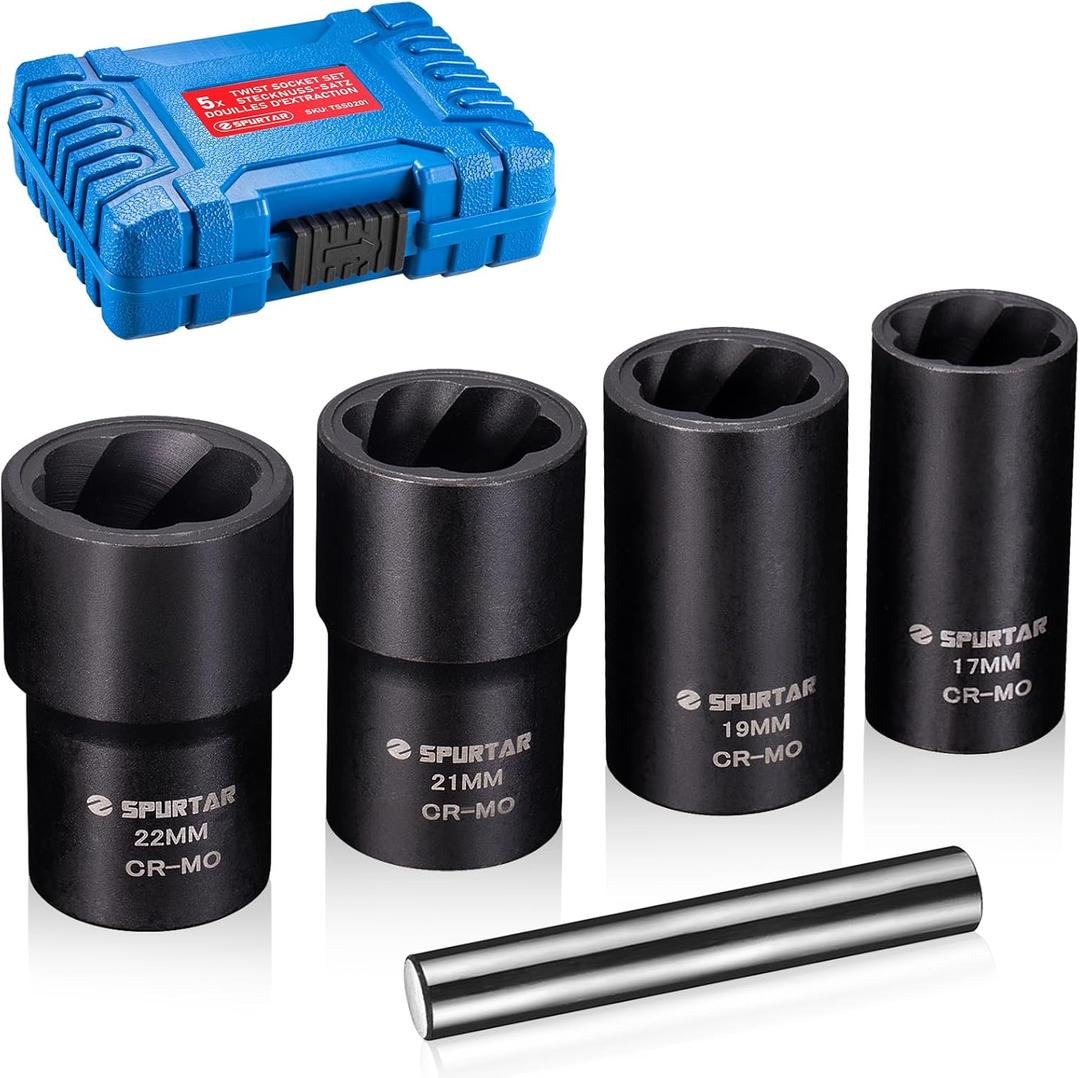 Spurtar 5 Pcs Lug Nut Removal Tool, 1/2 inch Drive Lug Nut Extractor Set Wheel Lock Removal Kit Bolt Extractor Kit for Removing Damaged, Rounded-Off Bolts, Rusted, Nuts & Screws-17mm,19mm,21mm,22mm
