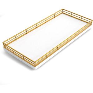 Bathroom Toilet Tank Tray, 13" Wood Toilet Paper Storage Basket Tray Back of Toilet Basket Organizer,Vanity Tray for Perfume Makeup Candle Decor, Gold & White (13" x 6.5" x 1.5")