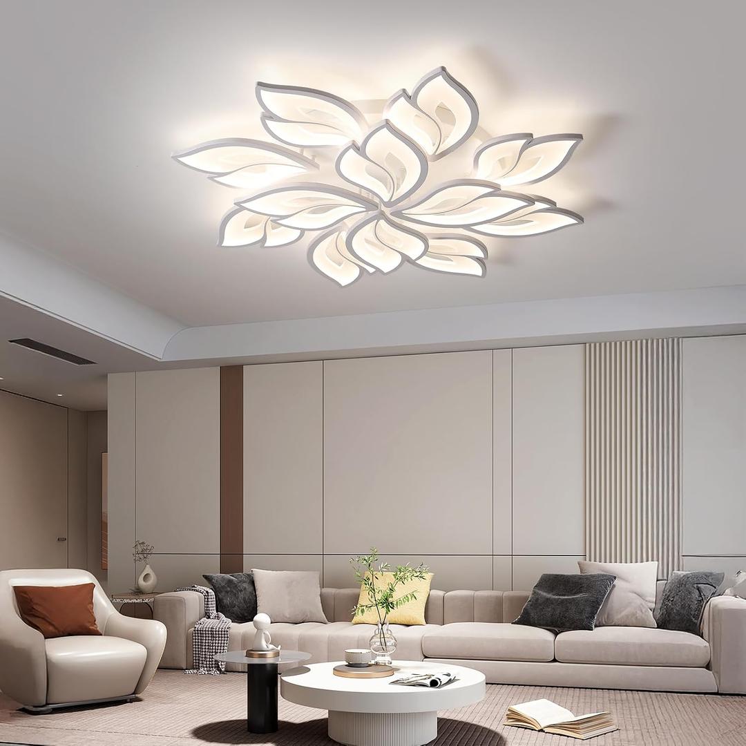 JAYMP 35.4" Flower Shaped Ceiling Light Dimmable Modern Ceiling Lamp Remote Control LED Lighting Fixture for Living Room Kitchen Dining Room (White/12 Petals), 12 Lights, Leaves