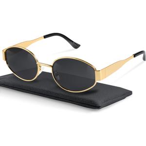livho Retro Polarized Sunglasses - UV400 Protection, Oval Shape, Metal Frames - Matching Soft Case Inlcuded (Grey/Gold)