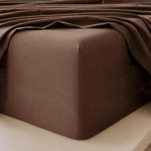 MooMee Fitted Bottom Sheet Only 100% Washed Cotton Linen Like Textured Breathable Durable Soft Comfy Deep Pocket Fits Mattress up to 17" (Cocoa Brown, Queen)