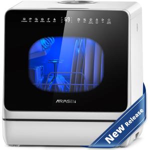 AIRMSEN Countertop Dishwasher with Built-in Water Tank & Softener | 8 Wash Programs & 3 Useful Functions, No Hookup Needed, Hot Air Drying & 72H Air Circulation, Delayed Start, Child Lock