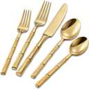 Flatasy Flatware Set Stainless Steel Gold Silverware Set Cutlery Set Bamboo Pattern Mirror Finished 30 Pieces Home Event Use Wedding Housewarming Gift Service for 6