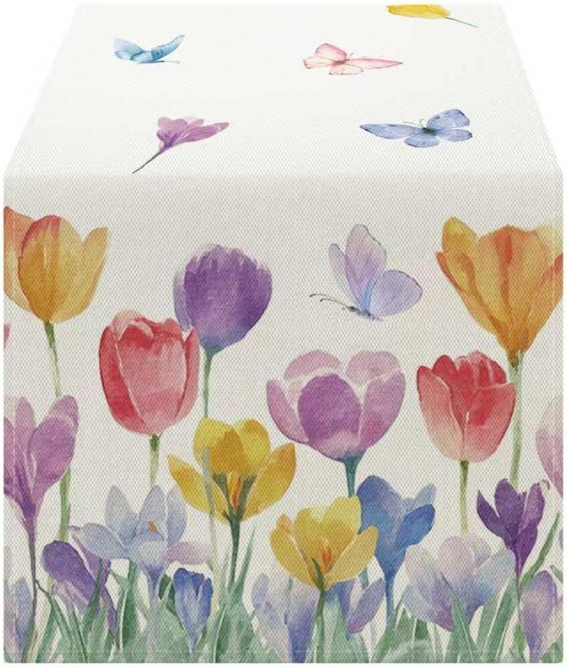 OYIMUA Tulip Floral Spring Table Runner Seasonal Summer Butterfly Kitchen Dining Table Decoration for Home Party 13x72