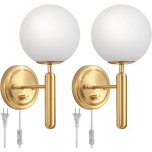 Dimmable Plug in Wall Sconces Set of 2 with Milky Glass Globe Shade, Gold Wall Light with Plug in Electric Cord Dimmer Knob Switch Mid Century Modern Vintage Wall Lamp for Bedroom Bedside Living Room