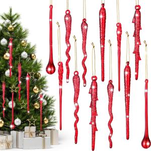 Nuogo 6 Pcs Glass Icicle Ornament Twisted Winter Decorations Decorative Hanging Christmas Ornaments Xmas Crystal Ornaments for Winter Holiday Christmas Tree Fireplace Party(Red,Classic Style)
