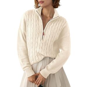 Dokotoo Women's Sweaters 2025 Fall Winter Quarter Zip Casual Ribbed Cable Knit Pullover (Large, Beige)