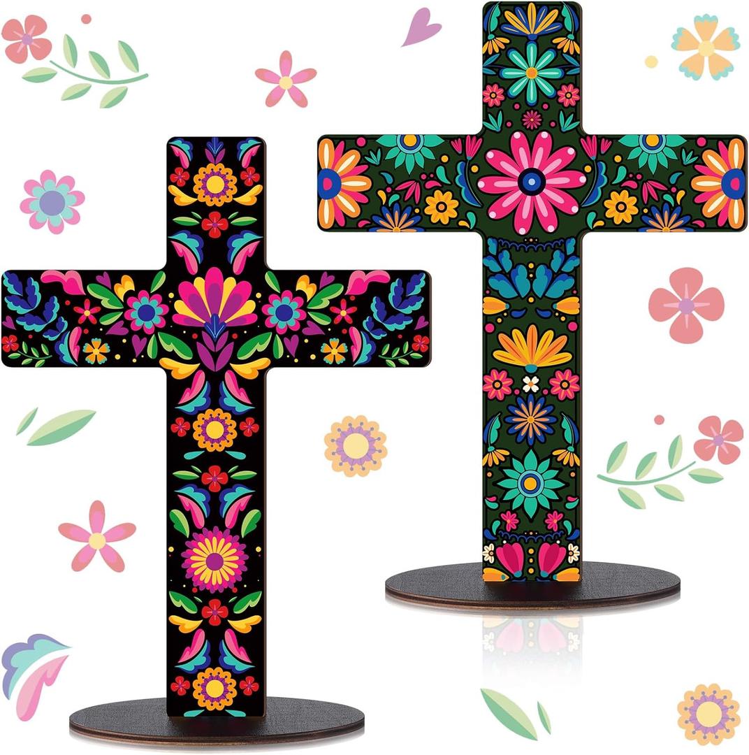 Pinkunn 2 Pcs Mexican Cross Day of The Dead Altar Decor Wooden Table Centerpiece Dia De Los Muertos Cross 8.7 x 11.8 Floral Spanish Crucifix Tabletop Centerpiece for Halloween Mexican Decor