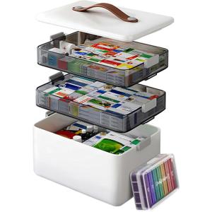 3-Tier Medicine Cabinet Organizer with Leather Handle, Empty Plastic First Aid Kit, Multipurpose Storage Box with A Portable Weekly Pill Organizer for Family Emergencies, Home, Travel, White