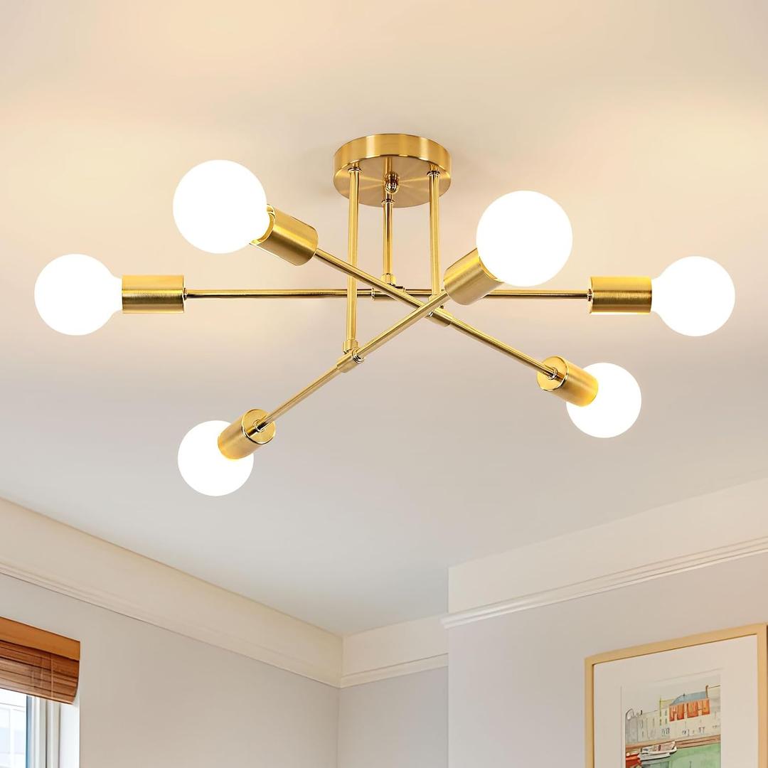DELIPOP Modern Sputnik Chandelier, 6-Light Gold Industrial Metal Semi Flush Mount Ceiling Light, E26 Base Sputnik Ceiling Light Fixture for Dining Room, Living Room, Kitchen, Bedroom, A-Gold, 6 Light