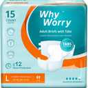 WhyWorry Adult Diapers with Tabs, Disposable Incontinence Briefs for Women & Men with Maximum Absorbency, Adult Briefs for Incontinence Overnight, Odor Control, Unisex, Large, 15 Count