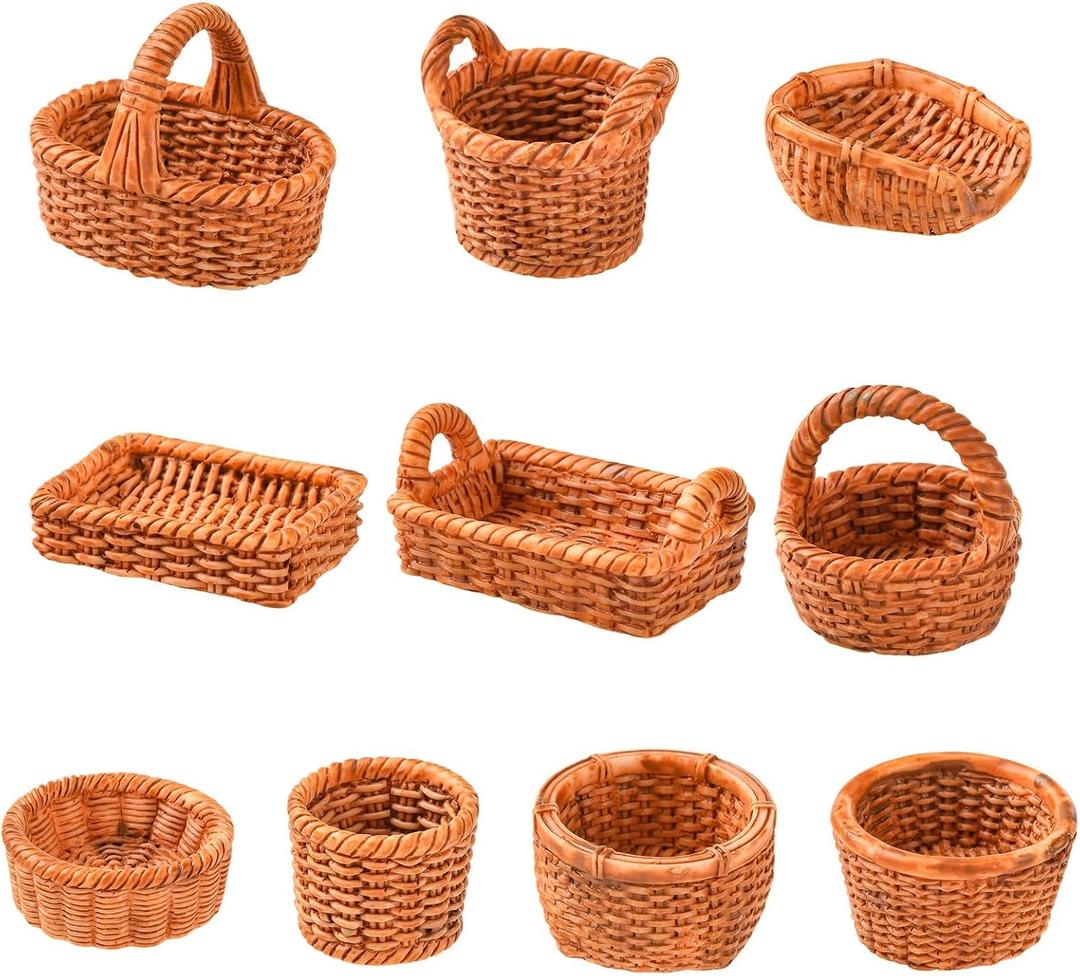 Miniature Rattan Woven Basket Figurines, 50Pcs, 10 Styles