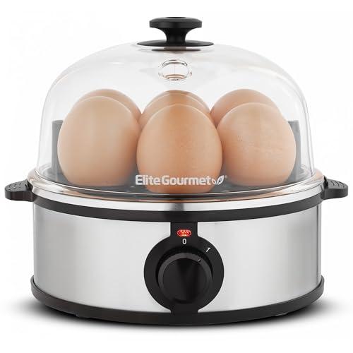 Elite Gourmet EGC724SS Easy Electric Poacher, Omelet Eggs & Soft, Medium, Hard-Boiled Egg Boiler Cooker with Auto Shut-Off and Buzzer, Measuring Cup Included, BPA Free, 7, Stainless Steel