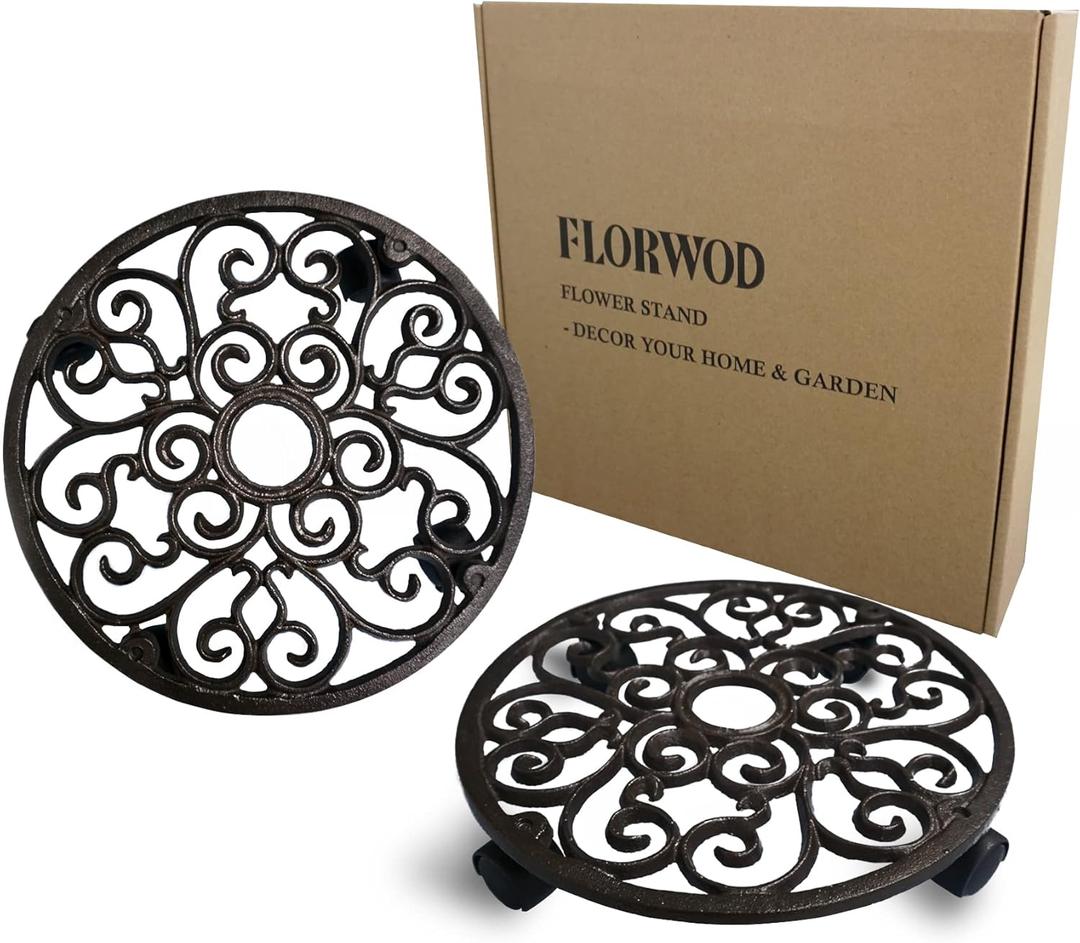 2pcs Heavy Duty Cast Iron Flowerpot Holder Plant Caddy 11 inch, Flower Stand Round Planter Holder with 4pcs 360 Caster Wheels - Rustic Dark Brown
