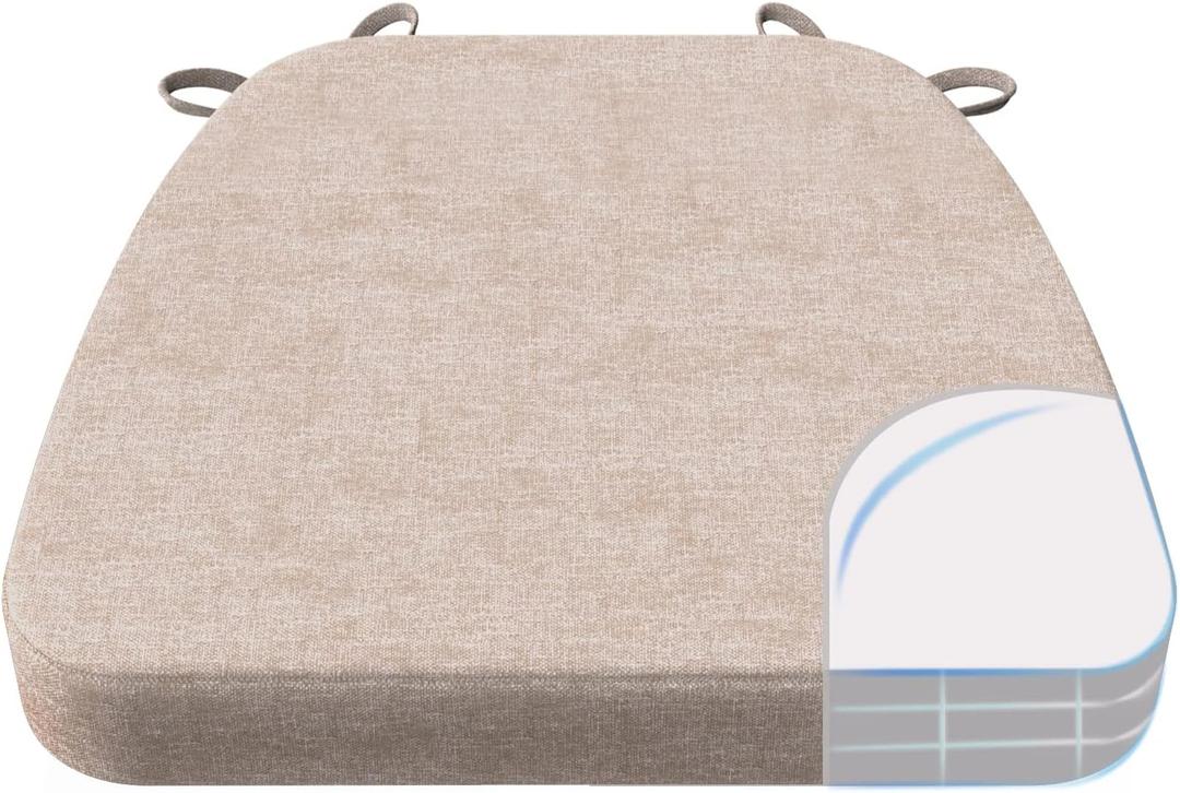 AAAAAcessories D-Shaped Chair Cushions, 2" Thick Dining Chair Pads with Ties and Removable, Machine-Washable Cover, 17" x 16", Set of 3, Beige (3 Count)