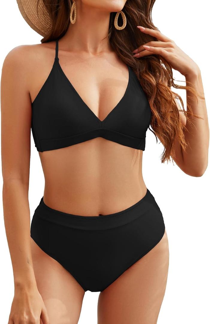 Women High Waisted Bikini Sets Criss Cross Back V Neck Bathing Suits High Cut Two Piece Swimsuits (Black, L)