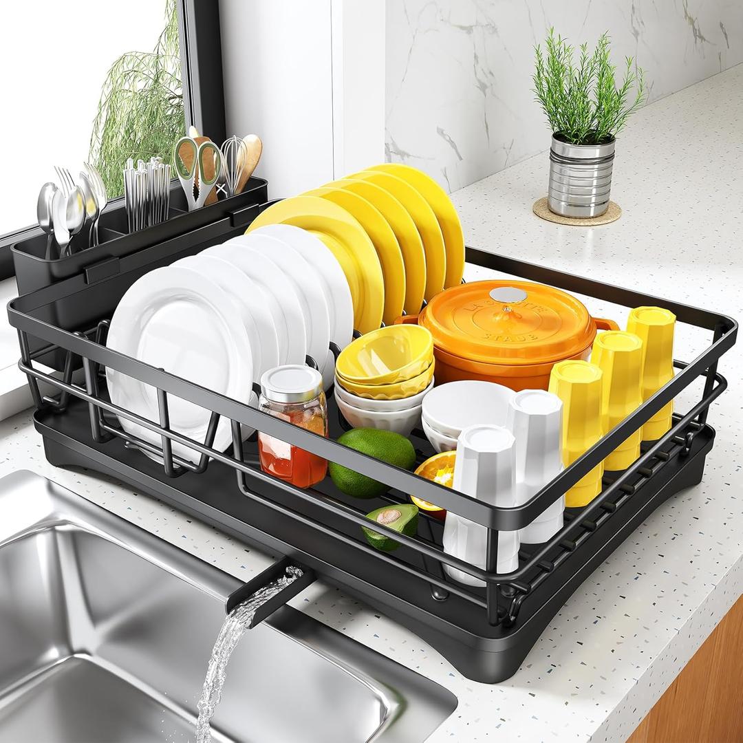 SNTD Dish Drying Rack for Kitchen Counter - Large Dish Rack with Drainboard, Rustproof Dish Drainer with Utensil Holder for Sink, Black