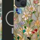 Case Compatible with iPhone 14,Compatible with MagSafe,Glossy Fall Prevention Hybrid 2-Layer Hard Shell Cases for Girls Boys,Stained Glass Bloom Flower