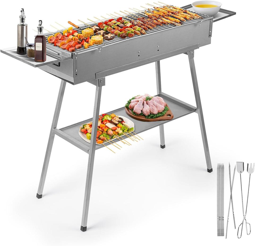 IRONWALLS Portable Charcoal Grill Outdoor Cooking, 32L x 10W Folded Camping Barbecue Grill with Storage Shelf, Metal Kebab Skewers, Rectangular Lamb Skewer Grill for Backyard Party Picnic Travel