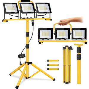 21000 Lumen Work Lights with Stand, 3 Adjustable Heads LED Work Lights, with Adjustable and Foldable Tripod Stand, Waterproof Lamp with Individual Switch with 6500 Kelvin Color Temperature (3-Heads)