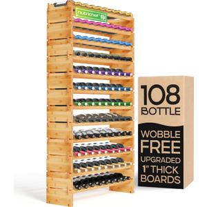 NutriChef 108 Bottle Wine Rack Stackable Bamboo Freestanding, 12 Tier Modular Shelf, Sturdy Wobble Free Upgraded 2026 Design, Easy No-Tool Assembly for Kitchen Cellar or Bar Storage 33.5" x 10" x 63, 33.5" x 10" x 62.75"