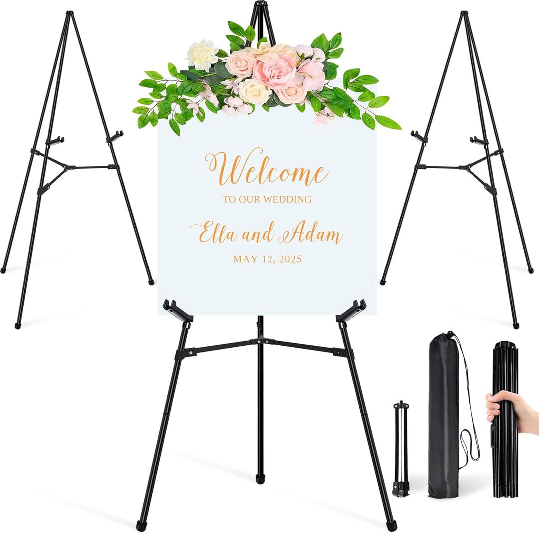 3Pcs Easel Stand for Sign - 63" Display Easel for Wedding Sign Stand Poster Stand, Lightweight Poster Easel for Painting, Folding Portable Easel Stand with Carrying Bag, Black
