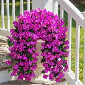 Artificial Bougainvillea Flowers Plants for Outdoors Decoration, 4 Pcs Faux Silk Hanging Flowers Long Trailing Fake Vines for Front Door Porch Planter Balcony Patio Summer Spring Home Decor, Fuchsia