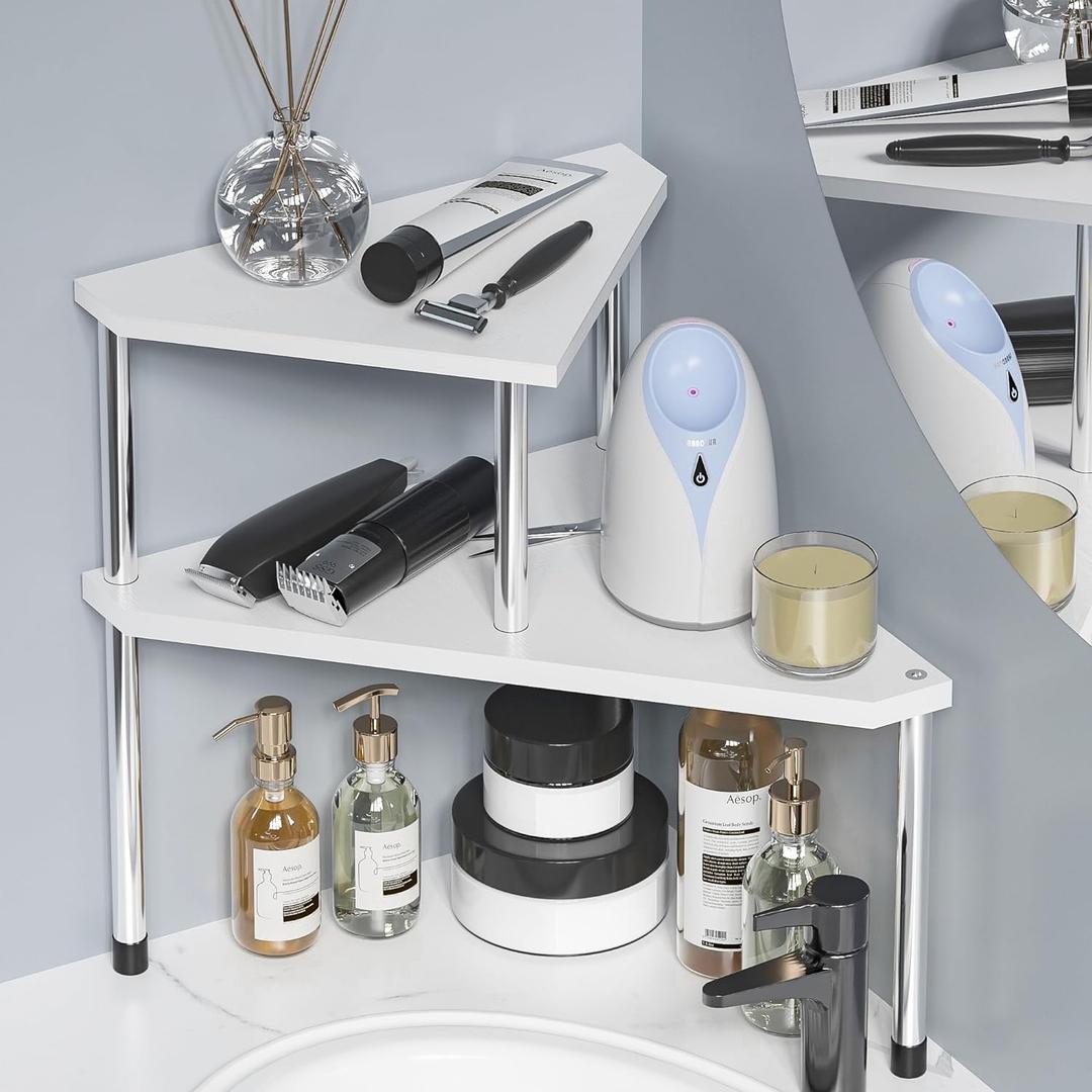 Weenson Bathroom Counter Organizer Over Sink for Toiletries Makeup, Kitchen Countertop Organizer Spice Rack for Salt, 2-Tier Corner Counter Shelf for Coffee Area Storage Dresser Table Bamboo (White)
