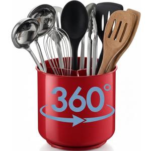 Cooler Kitchen Jumbo Extra Large Sturdy Rotating Black Utensil Holder Caddy with No-Tip Weighted Base, and Gripped Insert - Rust Proof and Dishwasher Safe Kitchen Utensils Holder, Red