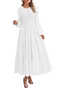 PRETTYGARDEN Crew Neck Long Sleeve Dress for Women Wedding Guest Smocked High Waist Flowy Long Maxi Dresses with Pockets (White, Small)