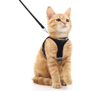 Rabbitgoo Cat Harness and Leash Set for Walking Escape Proof, Adjustable Soft Kittens Vest with Reflective Strip for Cats, Comfortable Outdoor Vest, Black, M